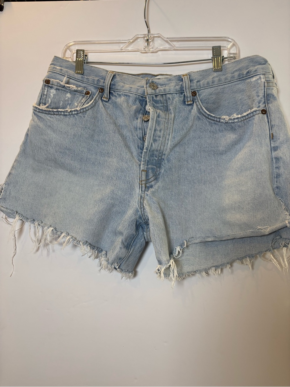 AGOLDE PARKER LONG CUTOFF SHORTS | light wash denim | size 31